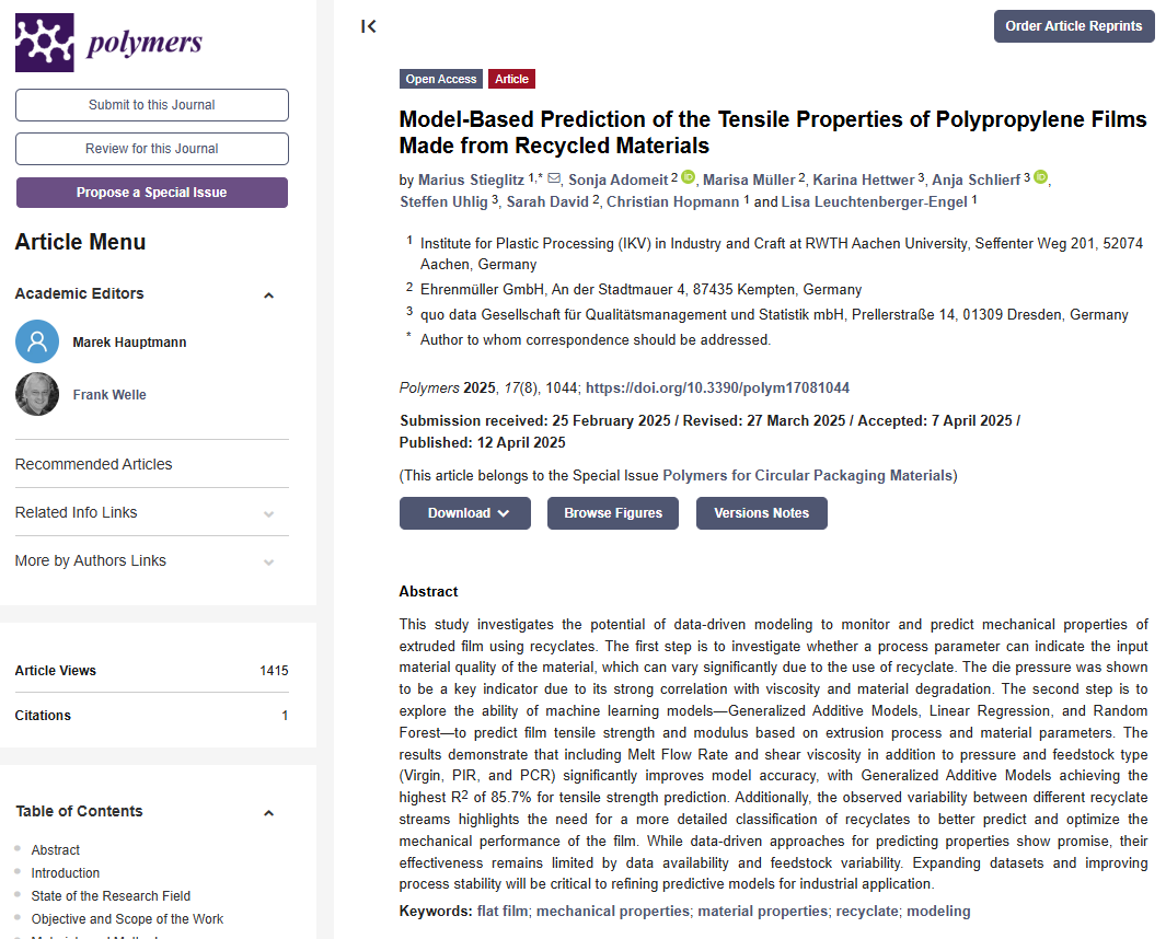 Model-Based Prediction of the Tensile Properties of Polypropylene Films Made from Recycled Materials